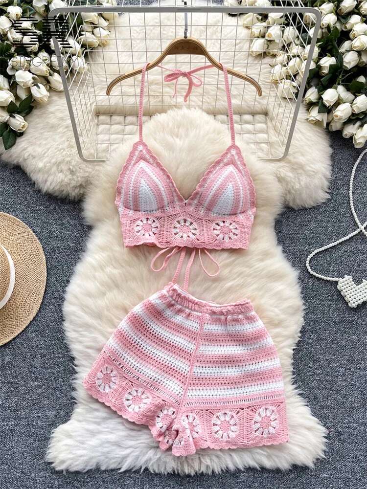 Beach Vacation Knit 2pcs Suits - Cami Top Lace 评论和价格