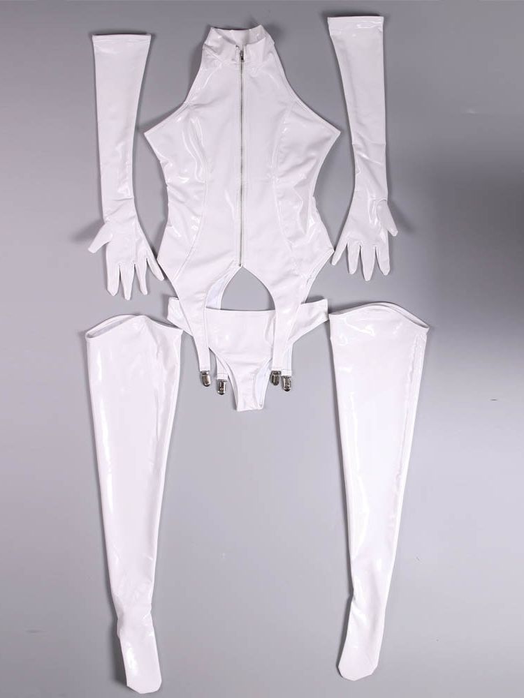 4PCS/SET Wet Look PVC Catsuit  - Garter Belt Set 评论和价格