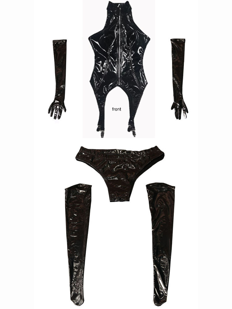 4PCS/SET Wet Look PVC Catsuit  - Garter Belt Set 评论和价格
