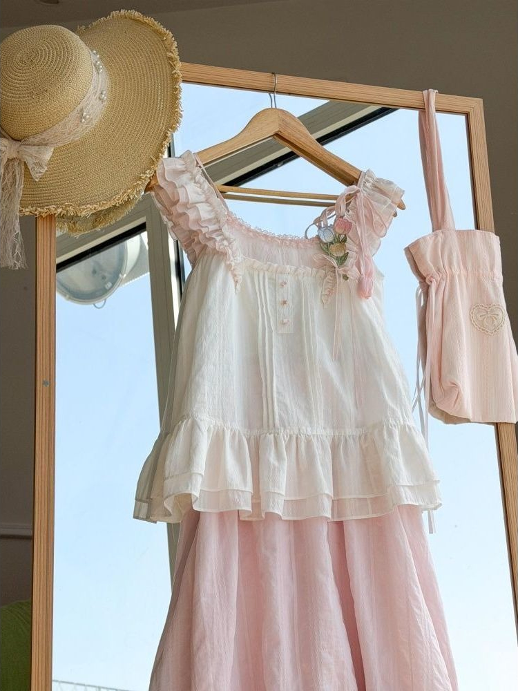 Sweet Kawaii Ruffle Trim Tulip - Cami Top Lace 评论和价格